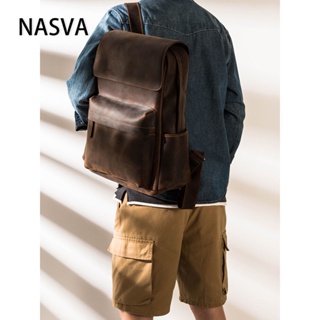 NASVA復古瘋馬皮後背包真皮背包英倫風電腦包牛皮旅行包手工牛皮商務包