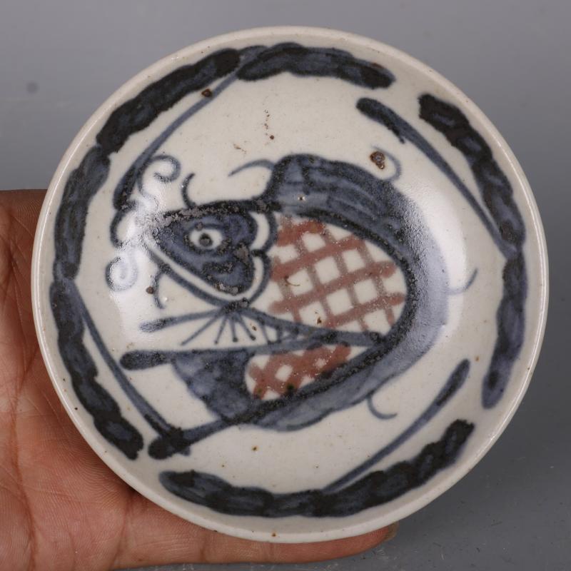 清康熙青花釉裡紅魚紋小碟盤手繪仿古著飾瓷器家居中式擺件古玩