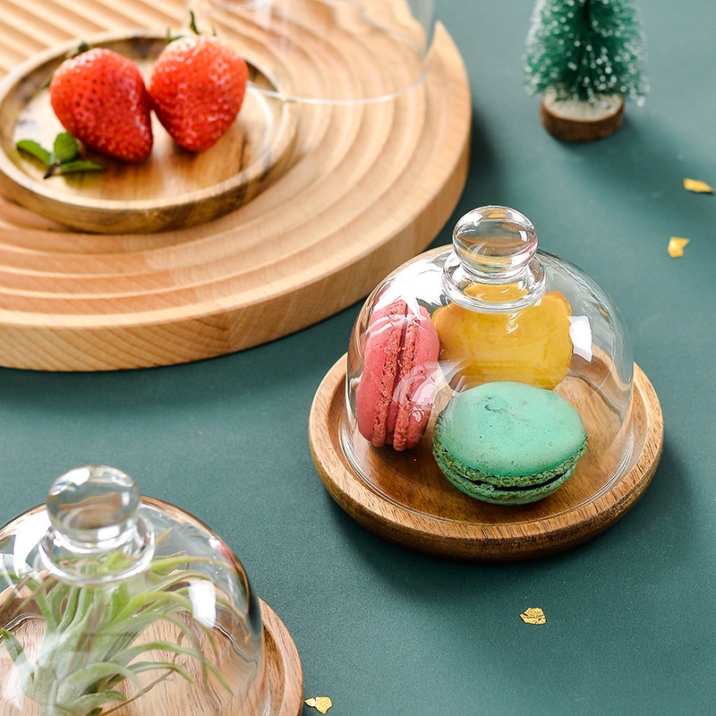 【開發票】迷你甜品碟甜品盅慕斯托盤蛋糕盤子木質帶蓋玻璃罩點心擺盤甜品盤