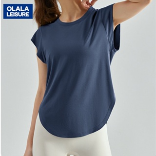 OLALA新款減齡寬鬆遮肉速乾瑜伽服下襬圓弧健身短袖蓋肩瑜伽背心女