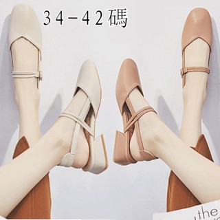 包頭涼鞋 休閒百搭 韓版粗跟皮革耐髒易打理女鞋 復古兩穿半拖鞋低跟防滑涼拖鞋 大尺碼女鞋