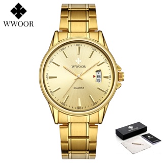 Wwoor 頂級品牌豪華金色全鋼手錶男士防水石英鐘男運動商務日期腕錶-8833