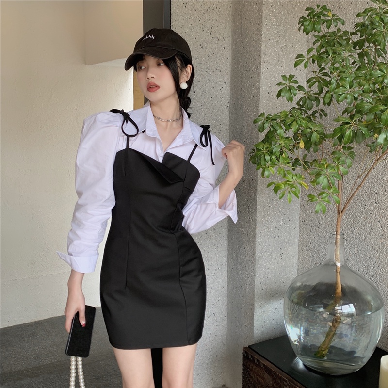 韓國休閒套裝女緊身翻領單排扣白色泡泡袖襯衫+收腰吊帶西裝洋裝兩件套