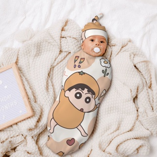 Crayon Shin-chan 新生嬰兒印花襁褓毯帽子套裝襁褓床上用品裹毯嬰兒襁褓 100% 棉