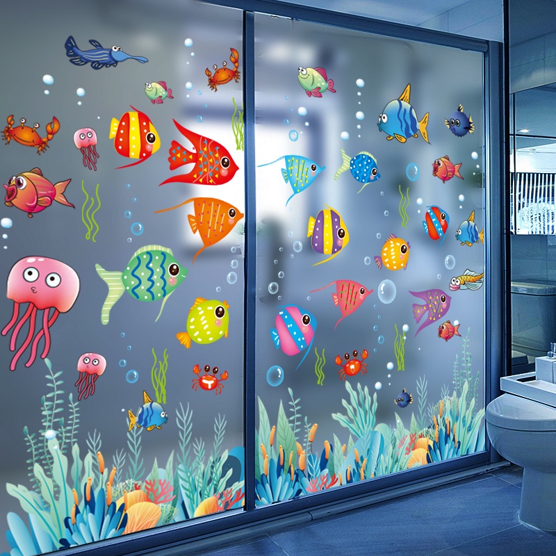 【台灣熱銷】玻璃貼紙衛生間浴室瓷磚防水貼畫 墻貼玻璃門貼 紙卡通海洋魚個性3D立體