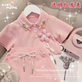 NINI家 童裝女童夏季新款套裝 兒童短袖polo衫可愛超萌寶寶短褲兩件套