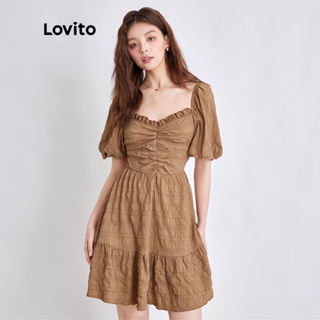 Lovito 休閒素色褶皺生菜邊泡泡袖 A 字型女式洋裝 L39ED020（卡其色）