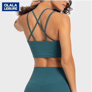 OLALA新款羅紋性感美背時尚短版運動內衣 固定一件式杯運動內衣女