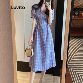 Lovito 女式休閒格紋方領短泡泡袖喇叭中長洋裝 LNE02217 (紫色)