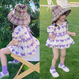 韓版女童燈籠裙套裝 兒童可愛洋裝套裝 夏季 新款 可愛 蝴蝶結 紫色愛心 超洋氣兩件套 中兒童棉質短袖套裝