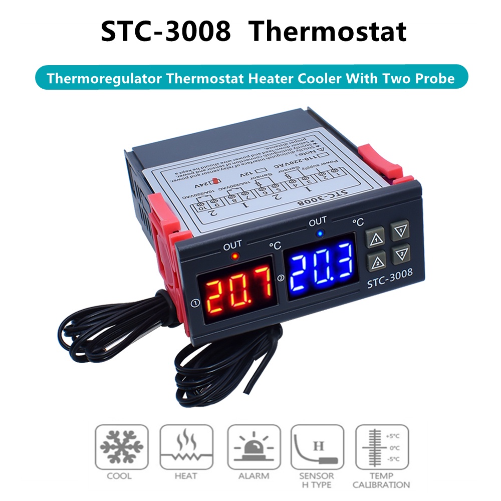 雙數字 STC-3008 溫度控制器兩個繼電器輸出恆溫加熱器帶探頭 12V 24V 220V 家用冰箱冷卻加熱