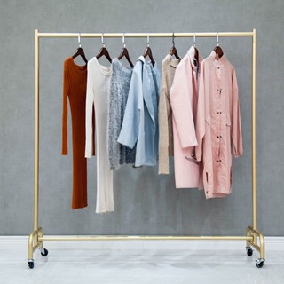 免運 服裝店服裝貨架 水管展示架 陳列落地式特賣掛衣架 服裝架金色移動帶輪子