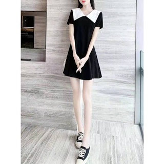 洋裝 氣質洋裝 韓系新品黑色娃娃領洋裝新款夏季女裝小個子寬鬆顯瘦小黑裙子短