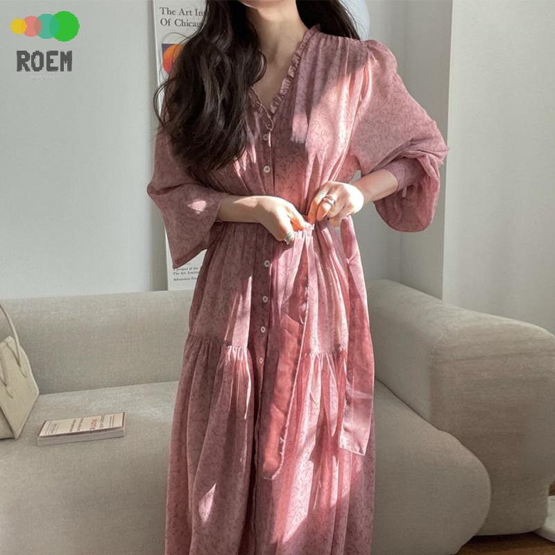 ROVE[輕奢高級]韓國chic春季法式浪漫V領拼接木耳邊抽繩收腰小碎花雪紡洋裝洋裝女