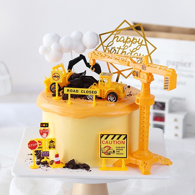 🎈辣妹子🎈兒童生日蛋糕裝飾工程車挖土機塔吊機模型擺件生日快樂插件配件