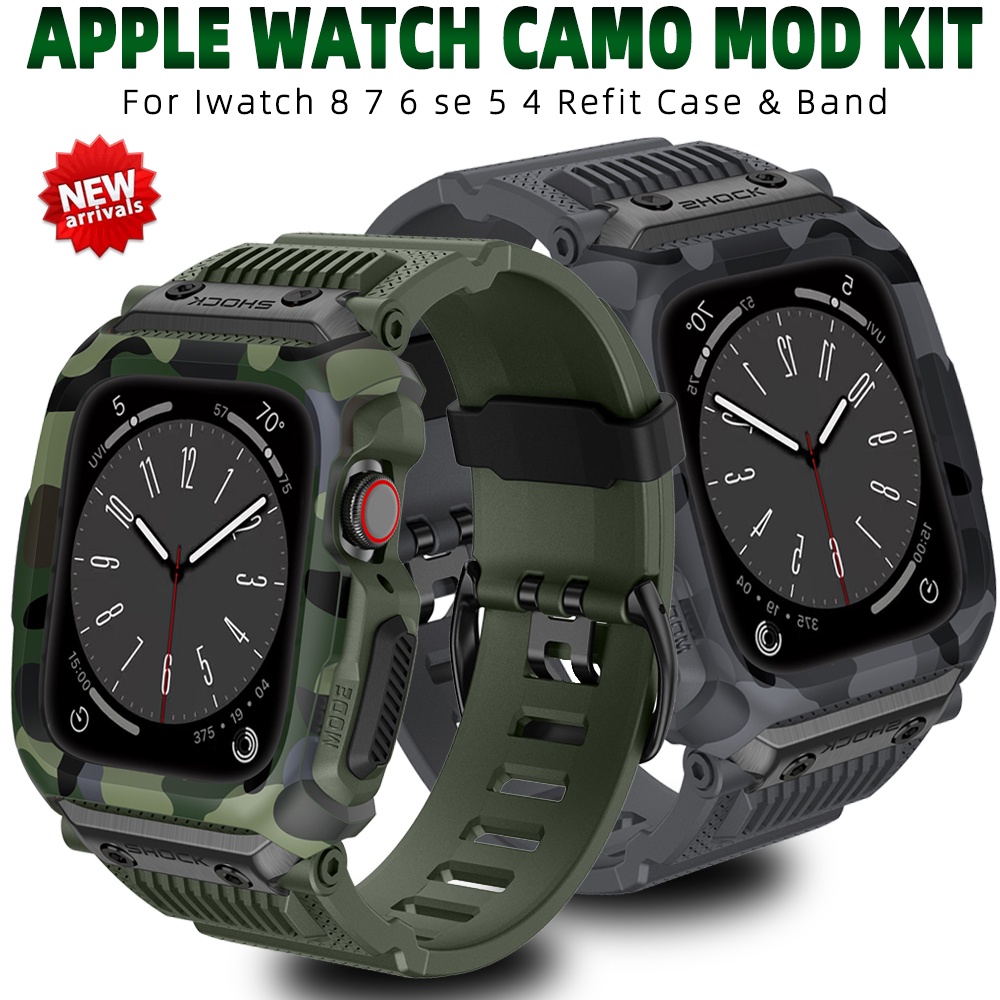 迷彩改裝套件防水防摔錶殼+錶帶兼容 Apple Watch 8 7 SE 6 Iwatch 系列 45mm44mm42m