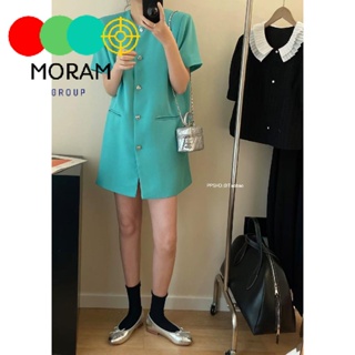 MORAN原創設計夏季chic法式簡約圓領精緻愛心鈕扣寬鬆氣質短袖西裝洋裝洋裝
