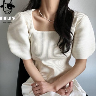 牛奶少女[氣質出眾]韓國chic夏季新款法式復古方領泡泡袖短版上衣女顯瘦短袖針織衫