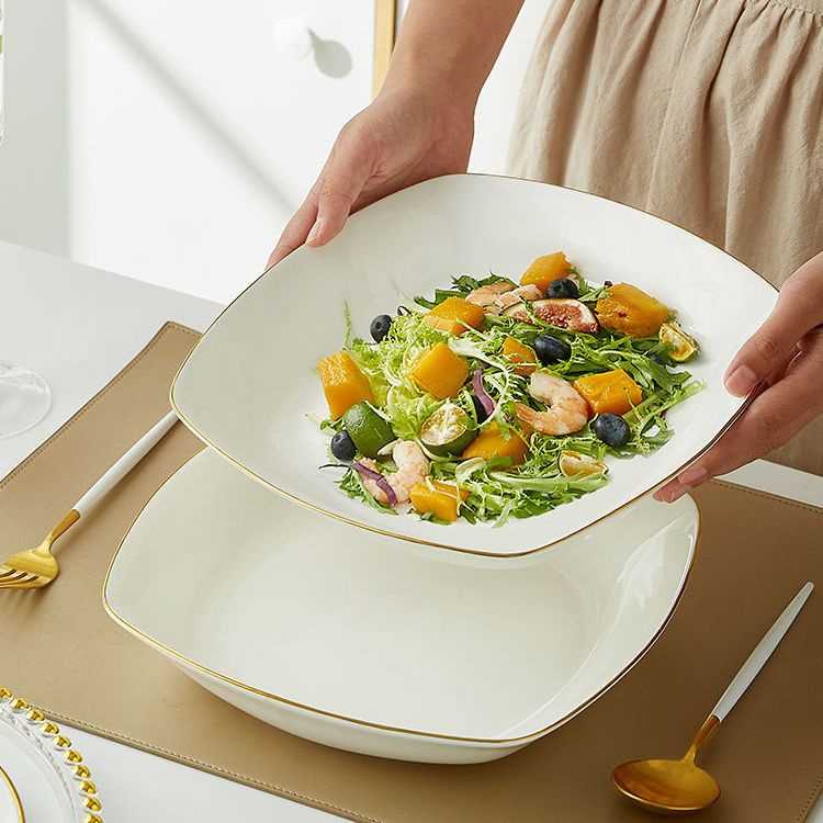 大號方形湯盤純白色描金涼菜盤子菜盤骨瓷長方形加大深方盤龍蝦盤