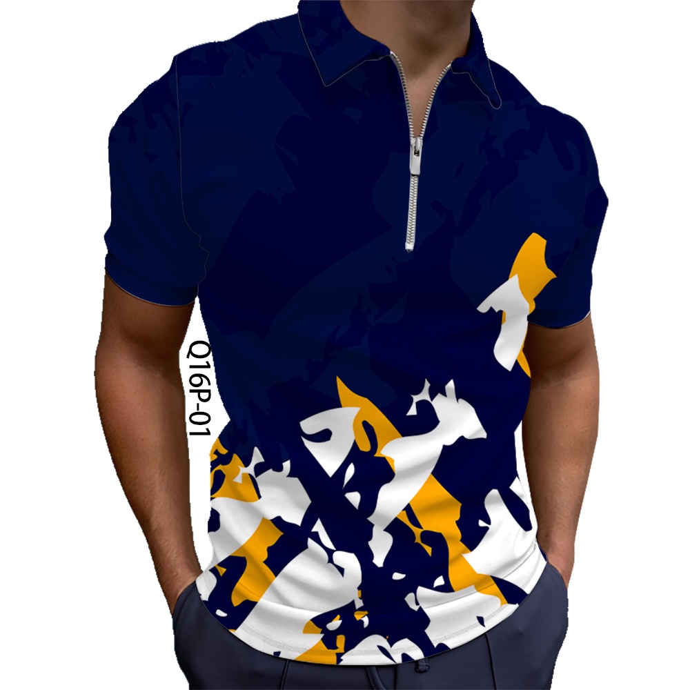 （工廠直銷）2023新款運動風格男士短袖拉鍊polo衫3D數位列印聚酯纖維舒適透氣T恤上衣