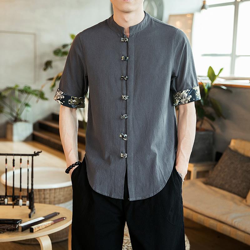 夏季中國風亞麻男短袖盤扣棉麻立領襯衫寬鬆男士七分袖襯衫polo衫