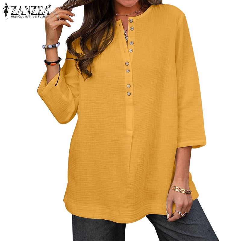 Zanzea 女式 3/4 袖圓領休閒寬鬆純色襯衫