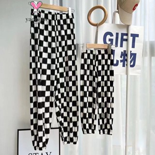 【YAOEENH】90-XL 親子裝 大人束腳抖抖褲 兒童冰絲防蚊褲 格子寬鬆休閒長褲 現貨 快速出貨