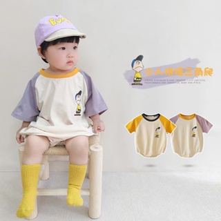 AKUI⚡ins韓國新款寶寶短袖包屁衣 嬰兒短袖韓版拼色卡通印花爬服 男女寶寶寬鬆純棉舒適連身衣