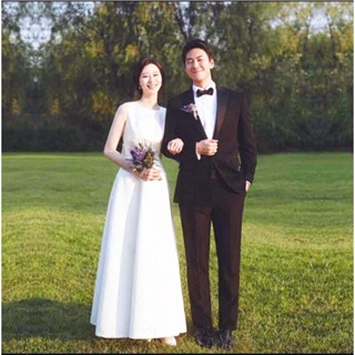緞子一字肩長白色禮服簡單 Sen 新娘婚禮旅攝影燈婚紗 Qs45