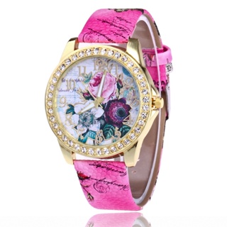 女士復古手錶玫瑰圖案石英女士皮革錶帶水鑽女士腕錶