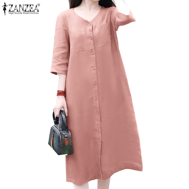 Zanzea 女士韓版日常休閒 3/4 袖排扣 V 領連衣裙