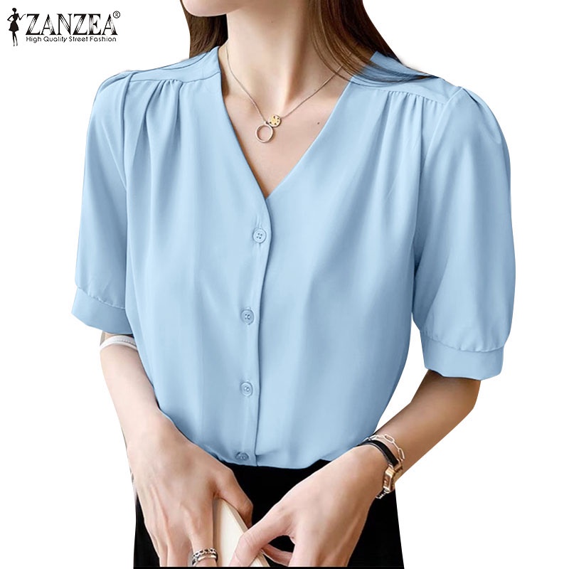 Zanzea 女式韓國日常 V 領褶襉 3/4 泡泡袖時尚襯衫