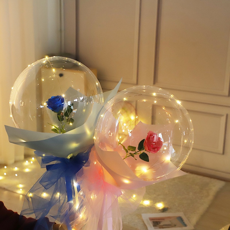 Led玫瑰花束夜光氣球diy套裝零件透明波波球玫瑰花束生日情人節禮物心形波波氣球
