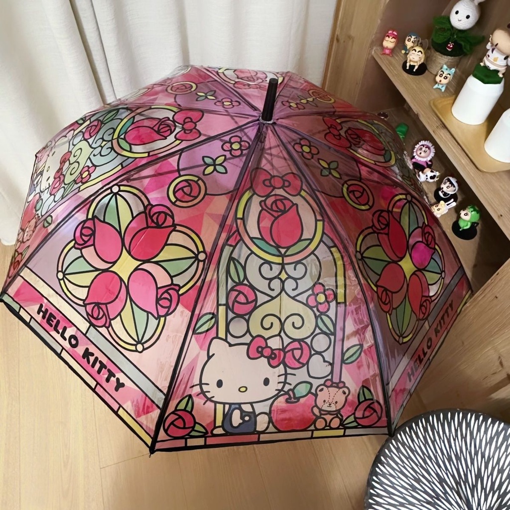 三麗鷗玻璃彩繪雨傘 -hello kitty玫瑰花傘 學生長柄雨傘 可愛 韓版長柄透明雨傘 女孩子長柄雨傘