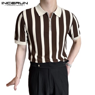 INCERUN Vintage Stripe Zipper Short Sleeve T-Shirt Casual Po