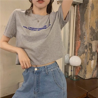 韓系女版夏季新款灰色寬鬆女裝短版短袖T恤
