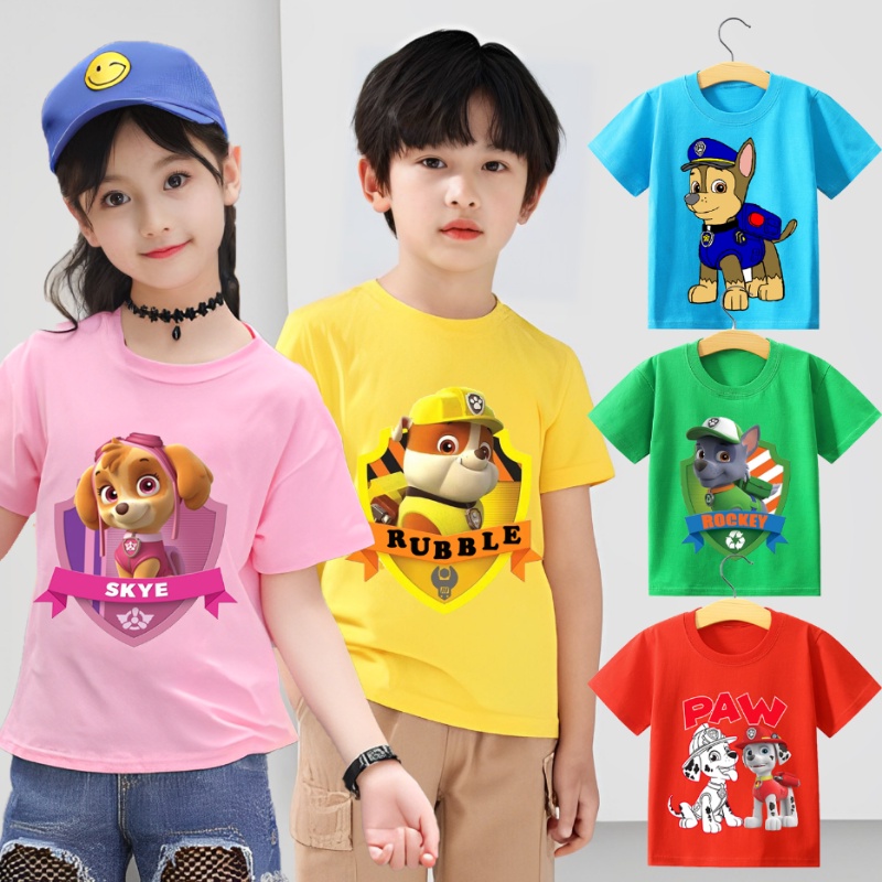 Paw Patrol童裝動漫夏季T恤可愛追逐碎石T恤卡通衣服彩色純棉短袖上衣