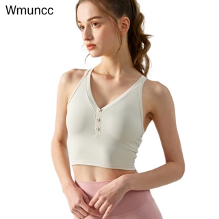 Wmuncc V 領鈕扣運動文胸女士戶外背心交叉背部瑜伽內衣健身服