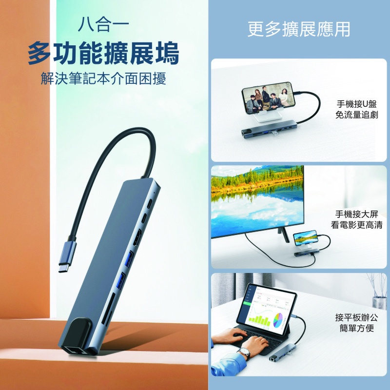 八合一拓展塢 筆電Type-C擴展器 適用筆電/Macbook/三星等手機 USB 3.0  HDMI 4K投影 擴展槽