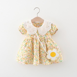 夏季新款甜花女寶寶連衣裙野餐派對兒童短袖衣服+包包(0-3歲)