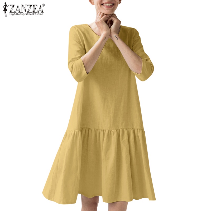 Zanzea 女士歐洲通勤日常休閒純色 3/4 袖荷葉邊下擺連衣裙