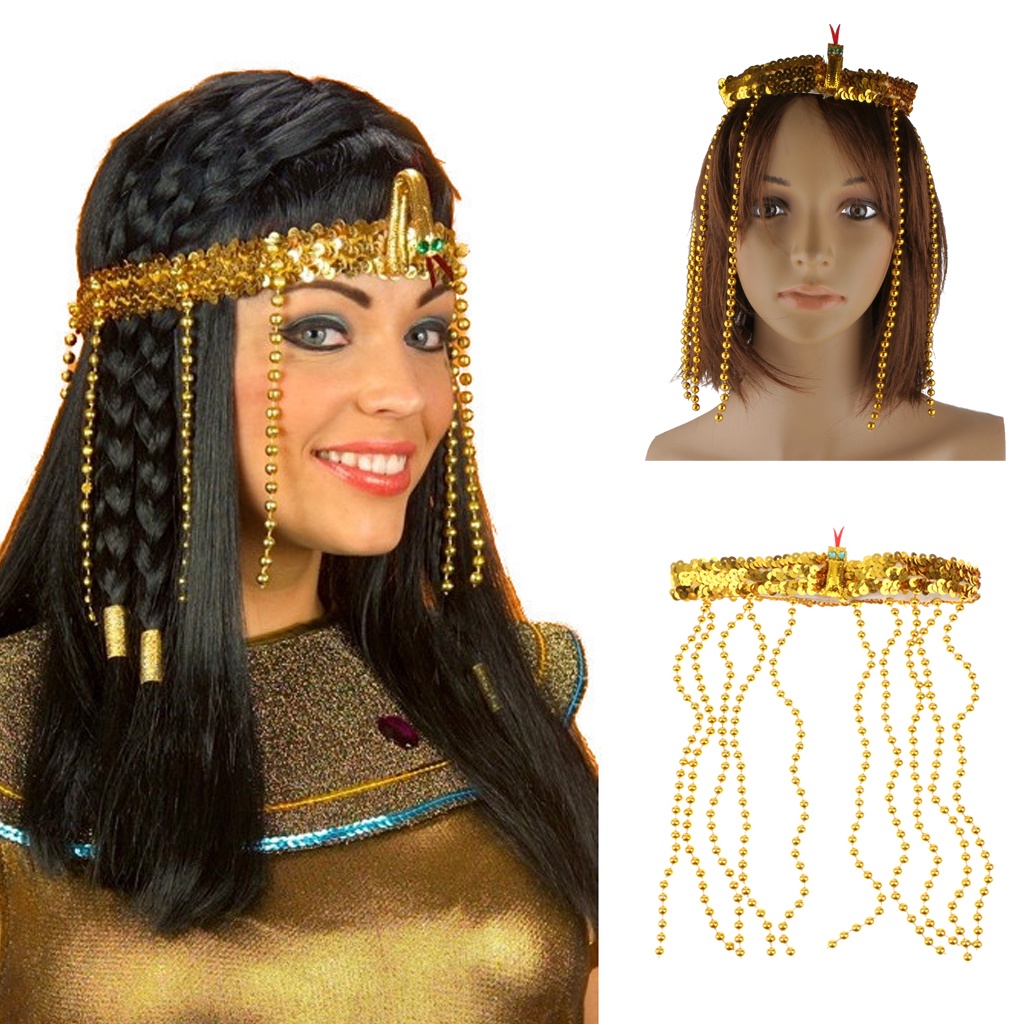 迷人的埃及風格女性皇冠頭帶金色埃及豔后女王珠頭飾頭帶亮片皇冠化裝