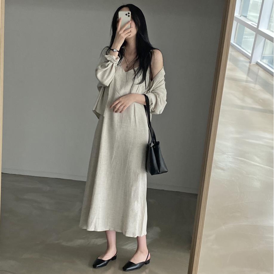 韓國chic棉麻洋裝內搭吊帶裙背心裙+襯衫女薄款防晒外套