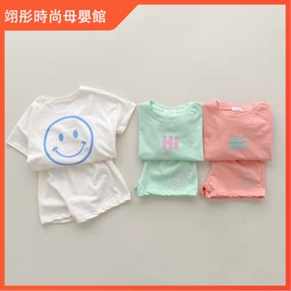 ❤熱銷推薦！嬰幼兒童裝糖果色韓版休閒短袖套裝字母笑臉T恤短褲兩件套