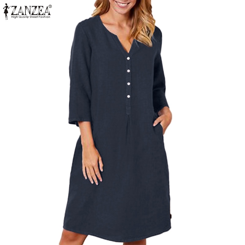 Zanzea 女式歐洲休閒純色系扣 V 領 3/4 袖 H 形連衣裙