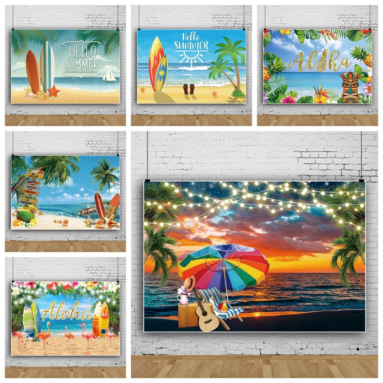 夏日狂歡沙灘衝浪板棕櫚葉椰子樹聚會派對裝飾橫幅寫真材質影樓攝影背景佈道具