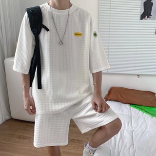【M-3XL】休閒套裝夏季時尚男士百搭簡約華夫格短袖短褲兩件套