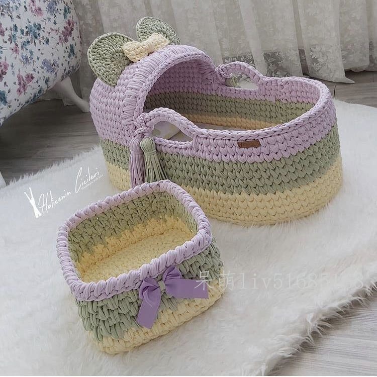 布條線鈎織嬰兒搖籃床手工編織寶寶床新生兒手提籃成品支持訂製