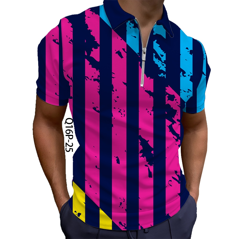3D數位列印2023新款運動風格夏季男士短袖拉鍊polo衫（工廠直銷）聚酯纖維舒適透氣T恤上衣