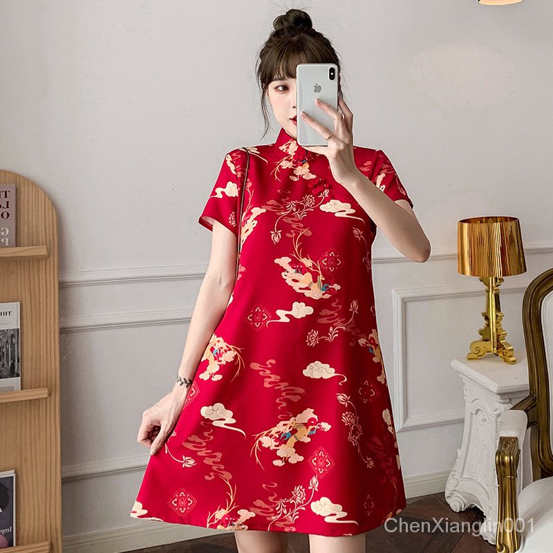現貨 國潮 復古 喜慶 大紅色 中國風 洋裝 寬鬆 大尺碼旗袍 改良式旗袍 年輕款旗袍 HU0B